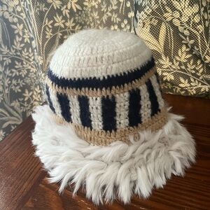 Striped Knit Bucket Hat with Faux Fur Trim